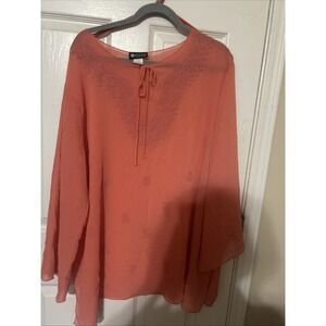 Maggie Barnes Tunic Top Beaded Coral Flare Sleeves Embellished Lightweight